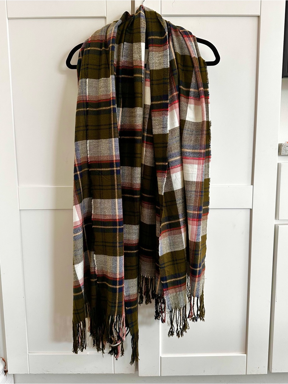 A&E Oversized Plaid Blanket Scarf Olive Green Fall Fringe